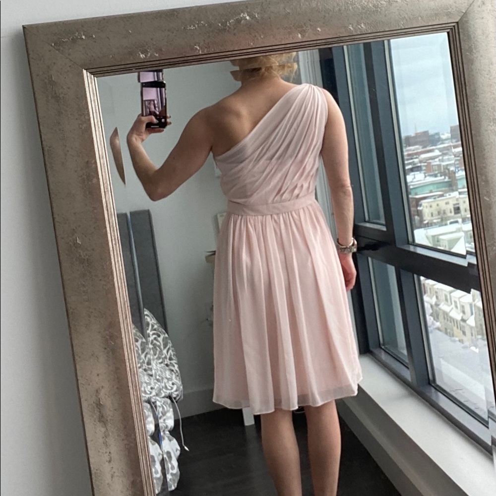Soft pink bridesmaid chiffon one shoulder dress